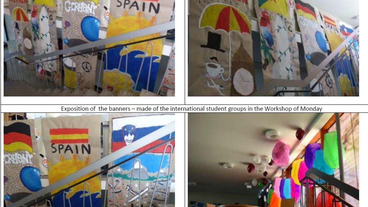Examples of bright colourful banners created by this project, showing national flags and interpretations of air